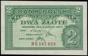 2 złote, 15.08.1939; seria B, numeracja 6147028; Lucow ...