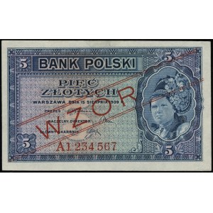 5 zloty, 15.08.1939; series A, numbering 1234567, red...
