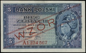 5 zlatých, 15.08.1939; séria A, číslovanie 1234567, červená...