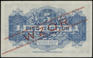 5 zlatých, 15.08.1939; série A, číslování 1234567, červená...