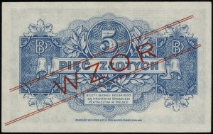 5 złotych, 15.08.1939; seria A, numeracja 1234567, czer...