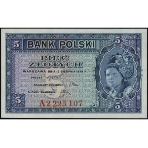 5 złotych, 15.08.1939; seria A, numeracja 2223107; Luco...