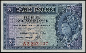 5 złotych, 15.08.1939; seria A, numeracja 2223107; Luco...