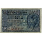 5 złotych, 15.08.1939; seria A, numeracja 2223107; Luco...