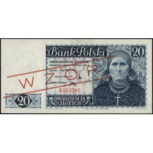 20 złotych, 15.08.1939; seria A, numeracja 012345, czer...
