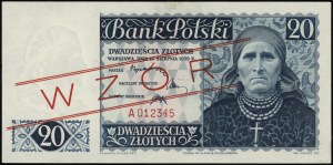 20 zlatých, 15.08.1939; série A, číslování 012345, červená...