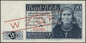 20 złotych, 15.08.1939; seria A, numeracja 012345, czer...