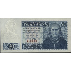 20 zloty, 15.08.1939; series A, numbering 000000, papi...