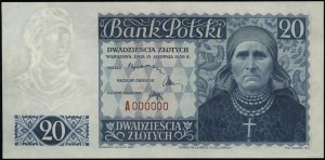 20 zlatých, 15.08.1939; séria A, číslovanie 000000, papi...