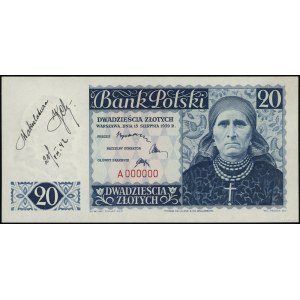 20 Zloty, 15.08.1939; Serie A, Nummerierung 000000, auf l...