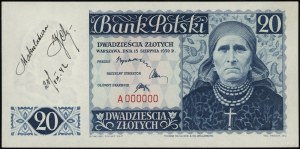 20 złotych, 15.08.1939; seria A, numeracja 000000, na l...