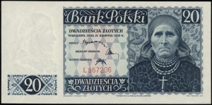 20 złotych, 15.08.1939; seria L, numeracja 967206; Luco...