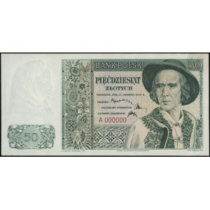 50 zloty, 15.08.1939; serie A, numerazione 000000, no...