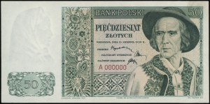 50 zloty, 15.08.1939; series A, numbering 000000, no...