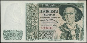 50 złotych, 15.08.1939; seria A, numeracja 000000, brak...