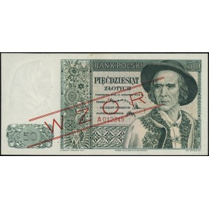 50 zlotys, 15.08.1939 ; série A, numérotation 012345, rouge...