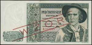 50 złotych, 15.08.1939; seria A, numeracja 012345, czer...