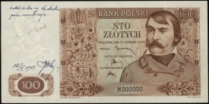 100 Zloty, 15.08.1939; Serie H, Nummerierung 000000, auf ...