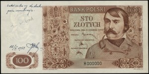 100 zlotys, 15.08.1939 ; série H, numérotation 000000, sur ...
