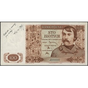 100 zlotys, 15.08.1939 ; série J, numérotation 000000, sur ...