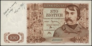 100 zlotých, 15.08.1939; séria J, číslovanie 000000, na ...