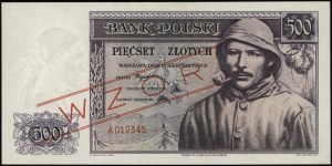 500 zlatých, 15.08.1939; série A, číslování 012345, šek...