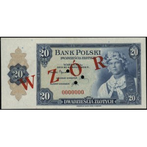 20 złotych, 20.08.1939; numeracja 0000000, czerwony nad...