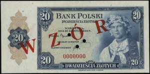 20 zlatých, 20.08.1939; číslovanie 0000000, červená farba nad...