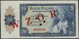 20 złotych, 20.08.1939; numeracja 0000000, czerwony nad...