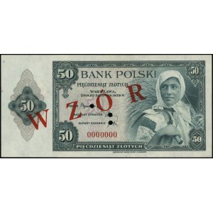 50 zloty, 20.08.1939; numbering 0000000, red over...