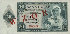 50 złotych, 20.08.1939; numeracja 0000000, czerwony nad...