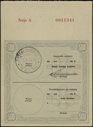 Zuteilung für 500 Zloty, ohne Datum (1939); Serie A, Nummer...
