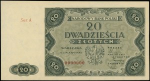 20 zlatých, 15.07.1947; séria A, číslovanie 0000000; Luc...