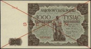 1 000 zlatých, 15.07.1947; série A, číslo 1234567, ...