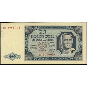 20 złotych, 1.07.1948; seria CD, numeracja 0000000, pró...