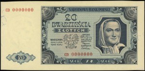 20 zlatých, 1.07.1948; série CD, číslování 0000000, vzorek...