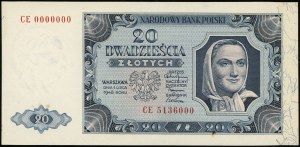 20 zlatých, 1.7.1948; séria CE, číslovanie 0000000 / 51...