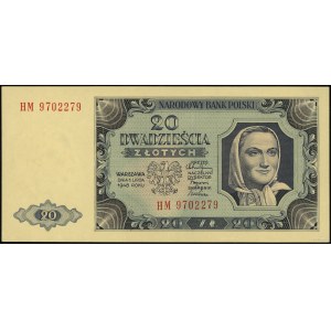 20 złotych, 1.07.1948; seria HM, numeracja 9702279, pap...
