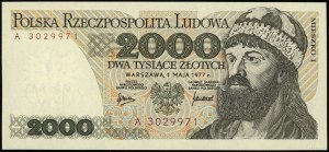 2.000 złotych, 1.05.1977; rzadka początkowa seria A, nu...