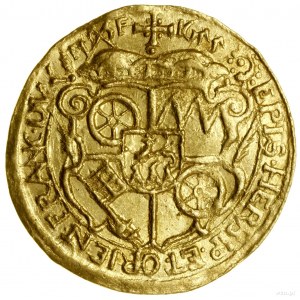 Dukát, 1655, Mainz; Av: poprsie panovníka vľavo, noha...