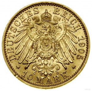 10 marek, 1905 A, Berlin; AKS 83, Jaeger 239; złoto, 3....