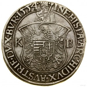 Thaler, 1554 KB, Kremnica; Av: mezza figura del sovrano che tiene...