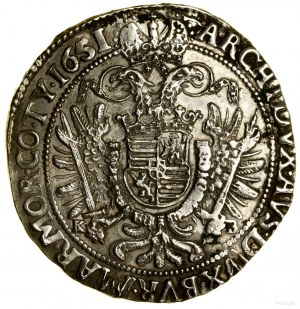 Thaler, 1651 KB, Kremnica; Av: busto del sovrano con corona di fiori....