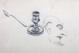 Jacek Malczewski (1854 Radom - 1929 Kraków) - Studia lichtarza, łyżeczki, rysunek satyryczny głowy mężczyzny z profilu
