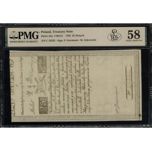 25 polských zlotých, 8.6.1794; série C, velmi vzácná ...