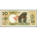 20 złotych, 1.03.1990; seria A, numeracja 0000000, ukoś...