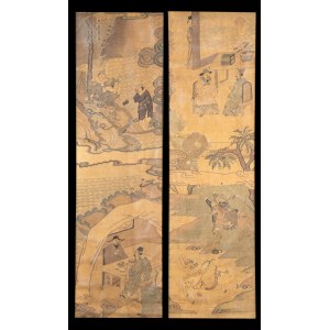 TWO KESI SILK PANELS WITH COMPOSITIONS OF FIGURES IN THE LANDSCAPE