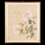 THREE INK AND COLOURS ON SILK PAINTINGS WITH FLORAL COMPOSITIONS