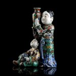 A POLYCHROME ENAMELLED 'KUTANI' PORCELAIN GROUP WITH FIGURES