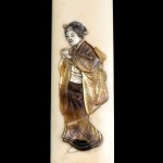 A MOTHER-OF-PEARL AND OTHER MATERIALS INLAID IVORY 'SHIBAYAMA' PAPER KNIFE